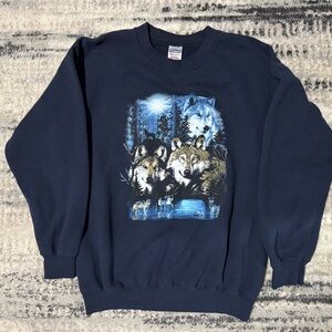 Vintage Wolf Pack Nature Graphic Crew Neck Sweatshirt